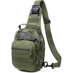 an army green sling bag with the american flag on it, hanging from a shoulder strap