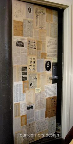 an open door covered in lots of papers and magnets on the side of it