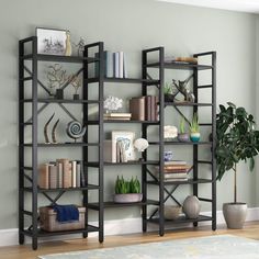 a living room filled with lots of bookshelves next to a wall mounted plant