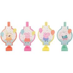 three peppa pig watches with different designs on them