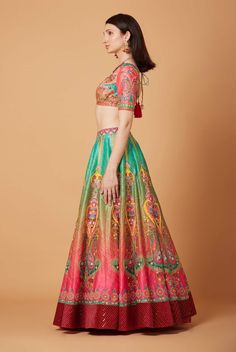 Editor's Note Green, Yellow and Peach Ombre SB Signature Embroidered Lehenga and Choli Set With Maroon Net Embroidered Border Dupatta. Fabric: Dupion, Net Color: Green Pink Care: Dry Clean Only Disclaimer: Product Color May Slightly Vary Due To Photographic Lighting Sources Or Your Monitor Setting. About the Designer Siddhartha Bansal, label epitomise its design philosophy touring around " Golden bird" nation to present day India, in the wanderlust for rich Craft and Culture presenting to the wo Embroidery Paisley, Tato Setengah Lengan, Lehenga Pattern, Embroidered Lehenga, Lehenga Blouse, Net Dupatta, Ombre Effect, Velvet Color, Silk Organza