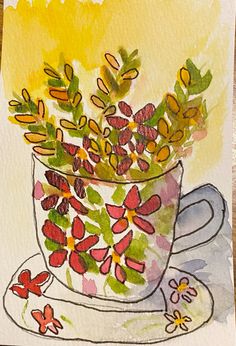 a painting of flowers in a tea cup