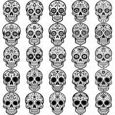 a bunch of skulls with different designs on them