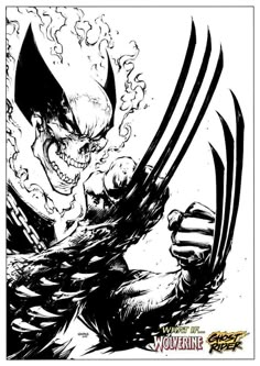 an ink drawing of wolverine in black and white with flames coming out of his mouth