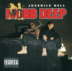 the album cover for mobb deep is shown with two men sitting on top of a trunk