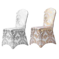 two white chairs with gold and silver damask covers on them, one is facing the other