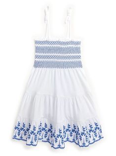 white embroidered motif eyelet detailing smocked panel adjustable shoulder straps flared design Girls Outfits Summer, Kids Smock, Girls Party Wear, Cotton Jersey Dress, White Embroidered Dress, Girls Smock, Polo Ralph Lauren Kids, Eyelet Embroidery, Ralph Lauren Kids