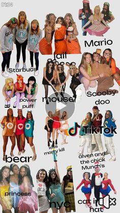 many different types of women in costumes and names on a white background with black lettering