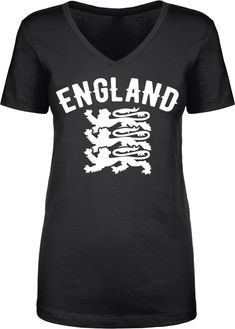 Show your English pride We prefer to print this design on Next Level's LADIES Ideal T line which is 60% combed ringspun cotton/40% polyester (yes, that is the good soft stuff, not the cheap scratchy kind), but if those are not available from our supplier for the size and color you'd like we will use a comparable brand as a replacement to get you your item as soon as possible with the same quality and feel you've come to expect from Next Level. The design is printed and shipped in the USA. If you Novelty Clothing, No Heat, Sports Fan, Coat Of Arms, Soccer Jersey, Sizing Chart, Womens Clothing Tops, Cold Water, Tourism