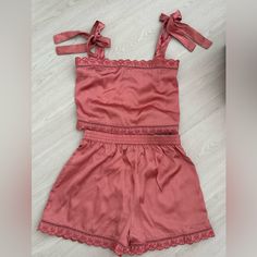 Loose Fitting, Unworn Feminine Summer Sleepover Sets, Casual Summer Sets With Lace Trim, Lace Trim Sets For Sleepover In Summer, Summer Sleepover Sets With Lace Trim, Pink Sleeveless Lace Trim Set, Summer Sleeveless Sets With Lace Trim, Sleeveless Summer Sets With Lace Trim, Summer Lace Trim Sleeveless Set, Silk Pj Set