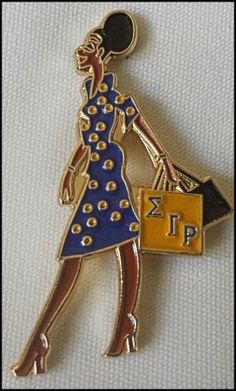 a pin with an image of a woman holding a shopping bag and wearing a hat