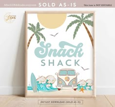 a poster with the words snack shack on it and an image of a vw bus