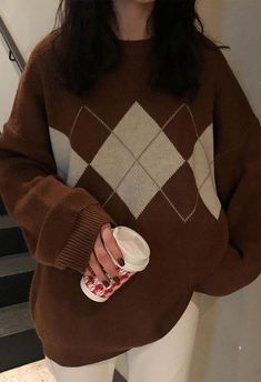 2021 Vintage Argyle Sweater Brown S in Sweaters Online Store | AnotherChill.com Oversize Pullover, Pullover Mode, Pull Oversize, Vintage Preppy, Basic Sweaters, Estilo Chic, Argyle Sweater, Collars For Women