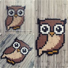 three different pictures of an owl made out of perler beads and beadwork