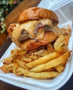 a cheeseburger and french fries in a takeout container