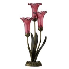 three pink glass vases sitting on top of a metal stand