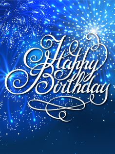 happy birthday card with fireworks on blue background