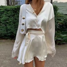 Silky White Skirt – Juniper Mini Pencil Skirt Outfits, Satin Two Piece Set, Vestiti Edgy, Haine Diy, Khaki Tops, Pencil Skirt Outfits, 여름 스타일, Chic Skirts, Satin Long Sleeve