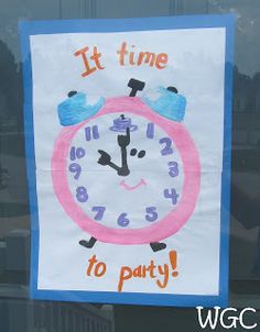 a sign that says it time to party in front of a window with a clock