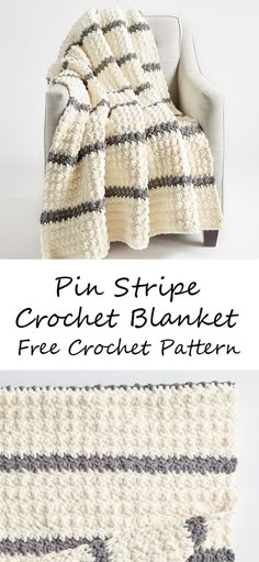 a crocheted blanket is shown with text that reads, pin stripe crochet blanket free crochet pattern