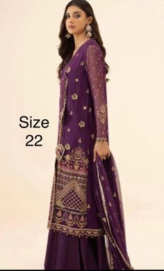 Size large  Chest size 22  Sapphire party wear  full Embriodered 3 piece outfit.  Shirt : full Embriodered chiffon  with duppata chiffon Palazzo plain Color :purple  Same as  picture Purple Semi-stitched Formal Set, Elegant Semi-stitched Purple Sets, Purple Formal Sets For Diwali, Elegant Purple Salwar Kameez With Zari Work, Elegant Purple Sets For Diwali, Elegant Purple Salwar Kameez For Eid, Elegant Purple Unstitched Suit For Formal Occasions, Formal Purple Salwar Kameez For Festive Occasions, Elegant Formal Purple Unstitched Suit