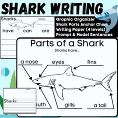 shark writing worksheet for kids with pictures and words to help them learn how to write