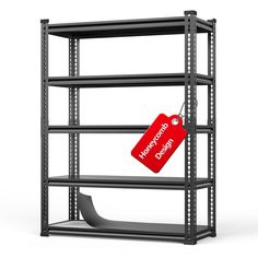 a metal shelving with a red tag hanging from it