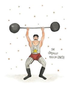 a drawing of a man lifting a barbell over his head with stars in the background