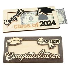 two wooden plaques with graduation decorations on them