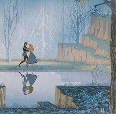 a painting of two people walking in the woods with trees and water reflecting on the ground