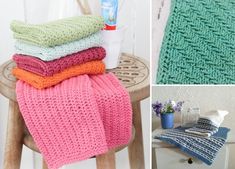 there are four different knitted blankets on the table and one is folded in half