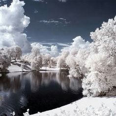 a lake surrounded by snow covered trees under a blue sky with fluffy clouds in the background