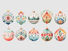 twelve christmas ornaments with different designs and colors on them, all painted in watercolor