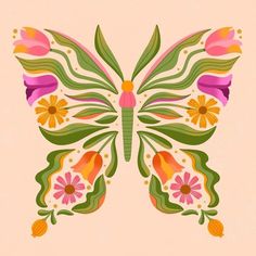 a colorful butterfly with flowers and leaves on it's wings is featured in this illustration