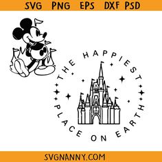 mickey mouse flying over the castle with happy birthday sign in front of it, saying svg