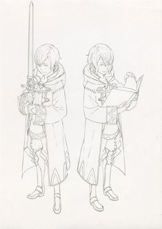 two cartoon characters standing next to each other with swords in their hands, one holding a paper