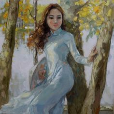 a painting of a woman in a white dress leaning against a tree with yellow leaves