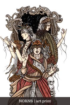 A mesmerizing depiction of the Norns: Urd, Verdandi, and Skuld. In rich pagan attire, they stand against a backdrop of warm earthy tones. Their intricate headpieces and ornate face paint reflect their role as weavers of destiny. The threads they hold symbolize the interplay of past, present, and future. In the background, a traditional Norse knotted ornament with wolves adds a touch of authenticity. Danish Mythology, Norns Norse Mythology, Norse Mythology Drawing, Norse Pagan Art, Viking Shirts, Viking Gods, Gifts Brother, Viking Gifts