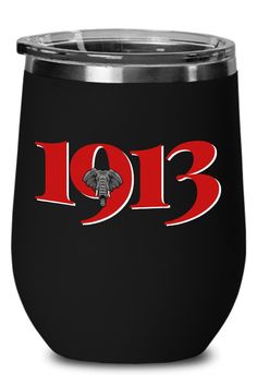 a black tumbler with an elephant on it and the number 1033 in red