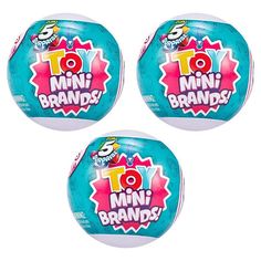 three round lollipops with the words to mini brands on them