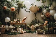 a room filled with lots of balloons and stuffed animals