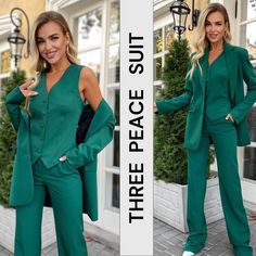 Dress to impress with our Emerald Green Three-Piece Women's Suit Set, a sophisticated choice for any professional or formal occasion. This elegant ensemble features a tailored jacket, vest, and trousers, exuding timeless style and charm. Whether you're attending a business meeting or a formal event, this green suit for women ensures you stand out with confidence and poise. Elevate your professional wardrobe with this versatile three-piece set, designed to make a statement and leave a lasting imp Fitted Green Sets For Fall, Elegant Green Business Casual Suits, Elegant Three-piece Suit For Spring Office Wear, Elegant Sleeveless Office Suits, Elegant Spring Three-piece Suit For Office, Elegant Green Blazer For Business, Elegant Green Business Blazer, Elegant Three-piece Suit For Spring Workwear, Tailored Green Sets For Business Casual