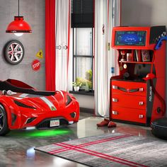 a red car is in the middle of a room