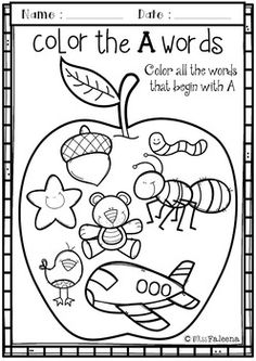 an apple coloring page with the words, color the words and pictures in each letter