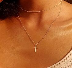 "Super cute and dainty tiny cross charm on dainty chain 18k gold plated, Silver plated, Gold vermeil, Rose Gold vermeil or Silver plated charm. ✨layered cross necklace chain is 17\" and includes a 2\" extender, making the necklace adjustable from 17-19 inches. ⭐️ Our Rose gold necklace comes with a crucifix cross, Gold and Silver are plain cross. Hypoallergenic nickel & lead free material  -Silver plated cable chain  -Silver plated satellite chain  -18k Gold plated cable chain  -18k Gold plated Layered Cross Necklace, Cross Choker Necklace, Cross Choker, Tiny Cross, Layered Necklace Set, Gold Cross Necklace, Dainty Gold Necklace, Gold Cross, Cross Charms