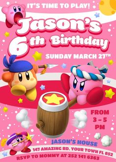 a pink birthday party flyer with two cartoon characters on the front and back of it