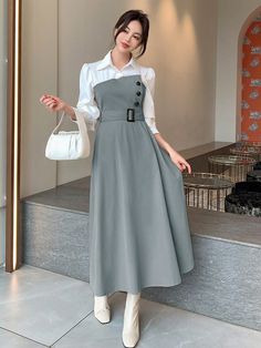 Women's Color Block Simple Long Sleeve Casual Dress Grey Elegant  Long Sleeve Woven Fabric Colorblock Shirt Non-Stretch  Women Clothing, size features are:Bust: ,Length: ,Sleeve Length: Sarafon Style, Korean Fashion Dress Formal, Simple Long Dress Casual, Elegant Simple Outfit, Dress Korean Style Simple, Elegant Outfit Dress, Full Sleeve Dress, Classy Fashion Chic, Simple Long Dress