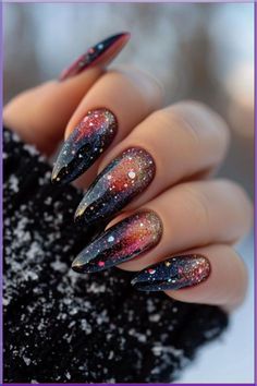 Easy Halloween nails include simple and low key nail art, such as spider webs, pumpkins, zombies and many others. Check out more ideas! Purple Nail Designs Wedding, Nebula Nail Art, Astronomy Nails, Purple Red Nails, Space Nail Designs, Blue And Red Nails, Space Nail Art