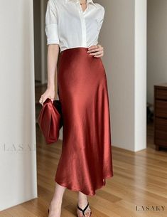 Lasaky - Chic High-Waisted Silk Blend Mermaid Midi Skirt Purple Champagne, Satin Pencil Skirt, Timeless Fashion Pieces, Pink Midi Skirt, Mid Calf Skirt, Silk Midi Skirt, Silk Pattern, Silk Satin Fabric, Skirts Midi High Waisted