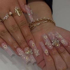 Amazon.com : BABALAL Square Press on Nails Long Fake Nails White French Tip Chrome Acrylic Nails Butterfly Ballerina Shiny Glossy Stick on Nails for Women and Girls : Beauty & Personal Care Nail Diamond, Glitter Manicure, Gold Nail, Nail Swag, Stil Elegant, Pink Acrylic Nails